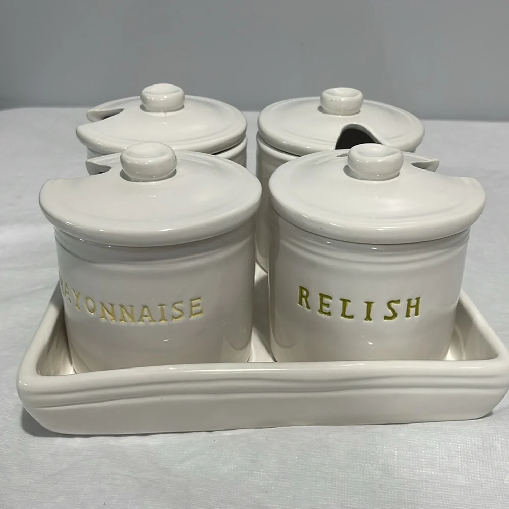 Williams-Sonoma BBQ Condiment Jar Set Ketchup Mustard Relish Mayo With Tray